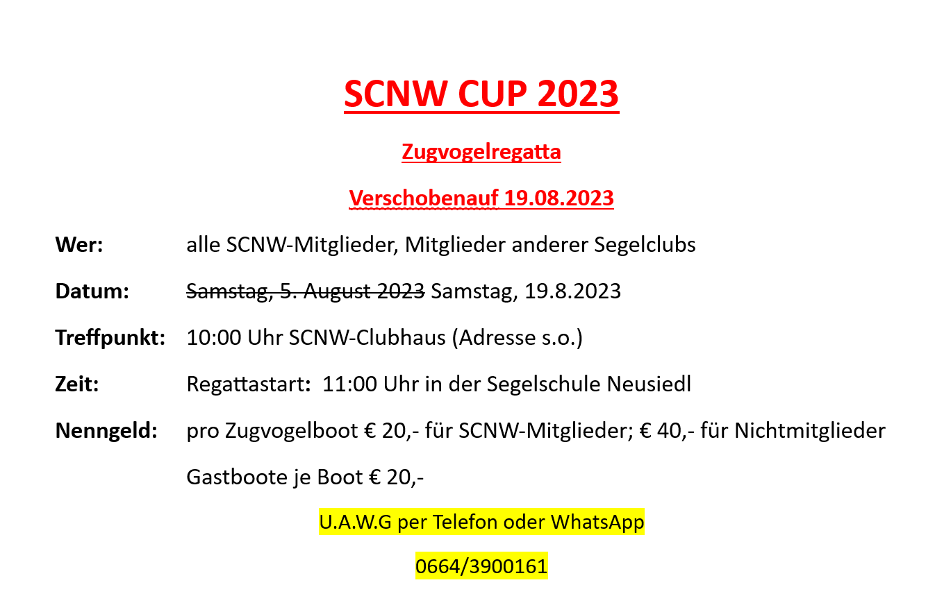 Regatta SCNW CUP 2023 Verschiebung auf 19.08.2023